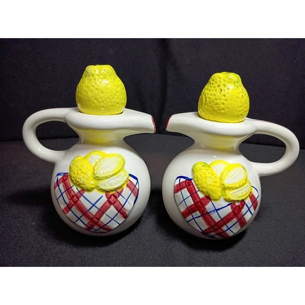 Lemon Oil Vinegar Cruet Set Ceramic Pitchers Plaid Gingham Country Kitchen